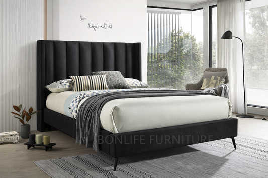 Black Velvet Wingback Platform Bed with Vertical Tufted Headboard-I5231