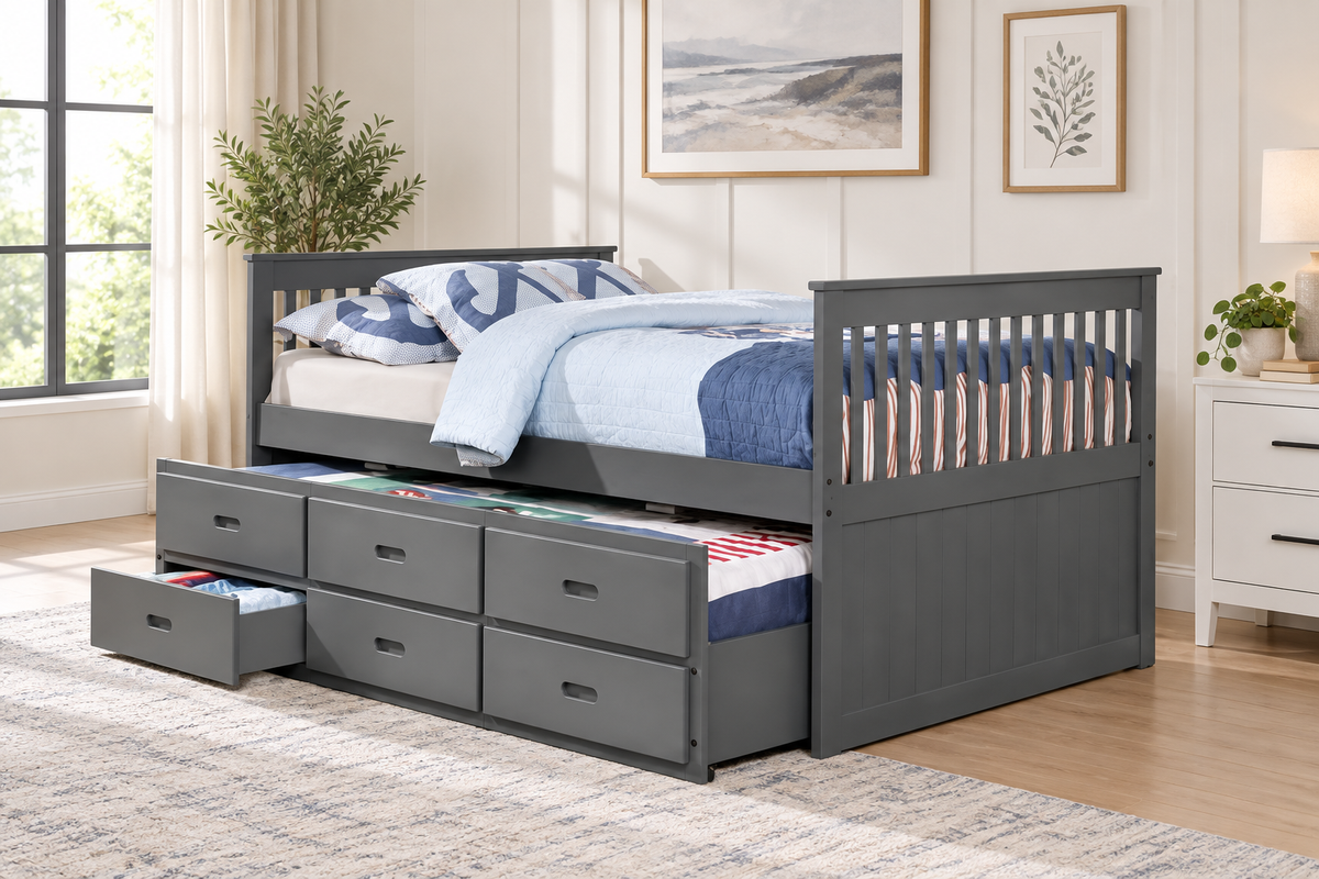 Single Captain Bed with Pull-Out Trundle & 3 Storage Drawers-I314