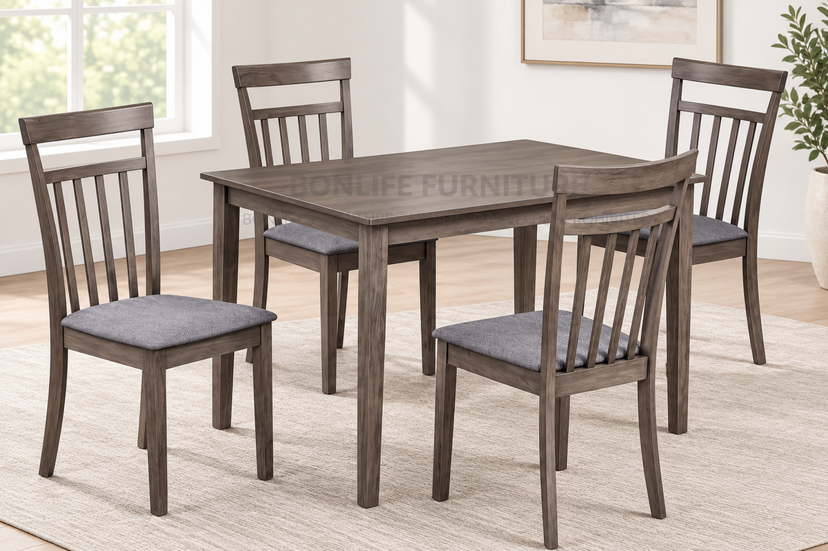 Traditional 5-Piece Grey Wood Dining Set – 48" Rectangular Table with 4 Upholstered Chairs-T3116