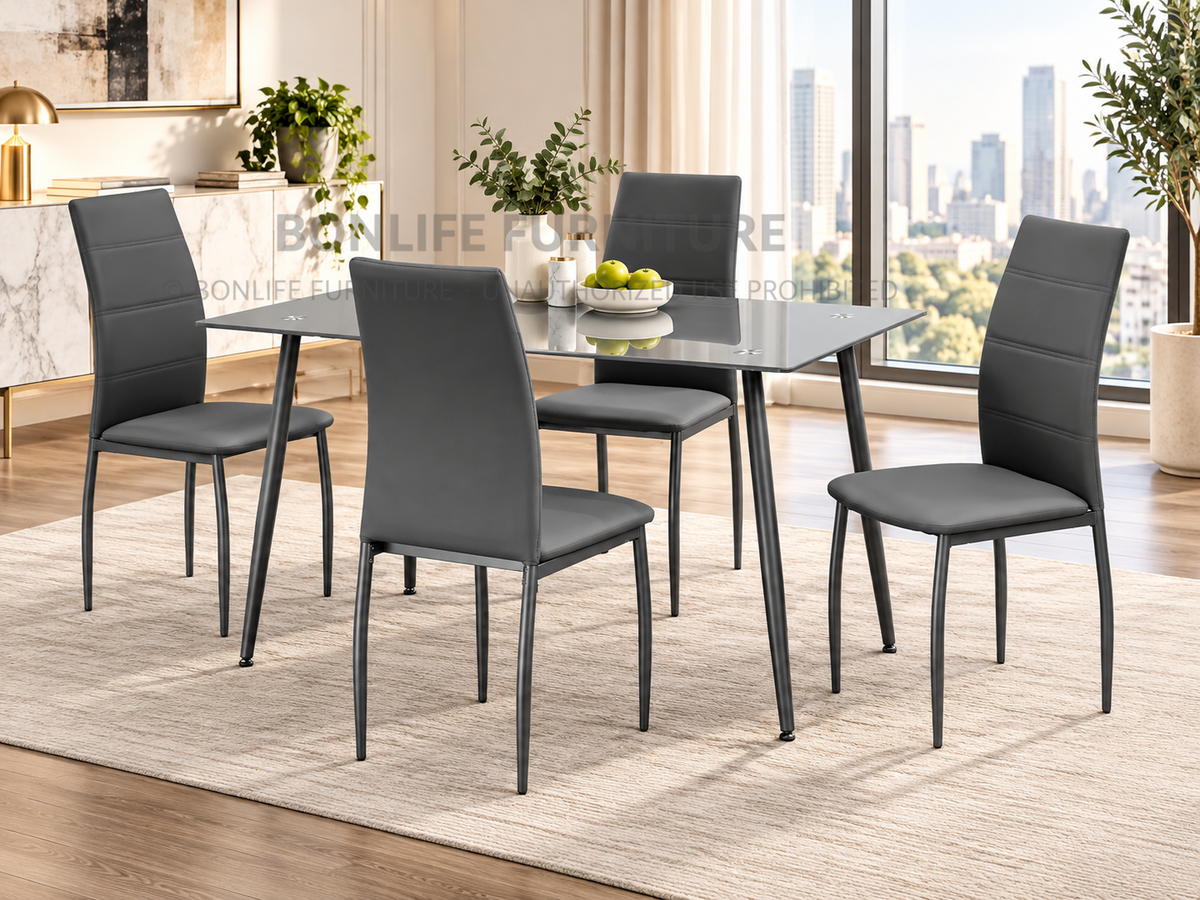 Modern 5-Piece Grey Frosted Glass Dining Set with 4 Leatherette Chairs – T3600