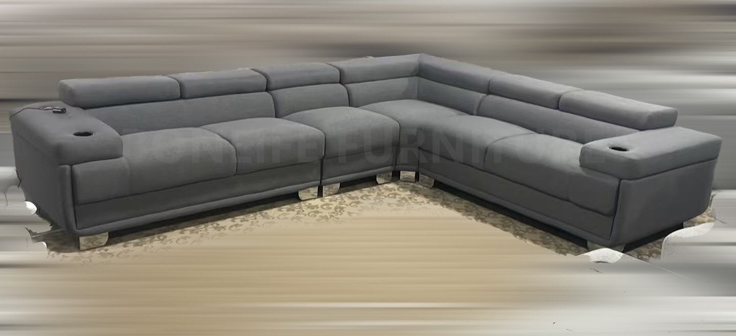Grey teddy fabric reversible sectional sofa with adjustable backrest, wireless charging and cup holders
