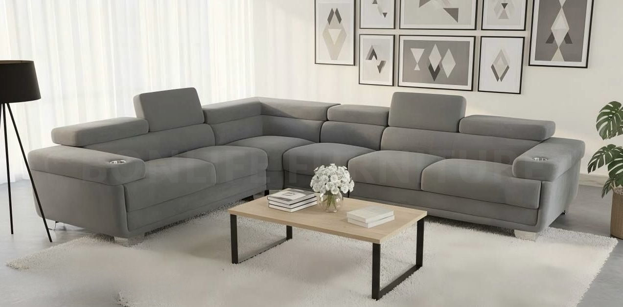 Grey teddy fabric reversible sectional sofa with adjustable backrest and wireless charging
