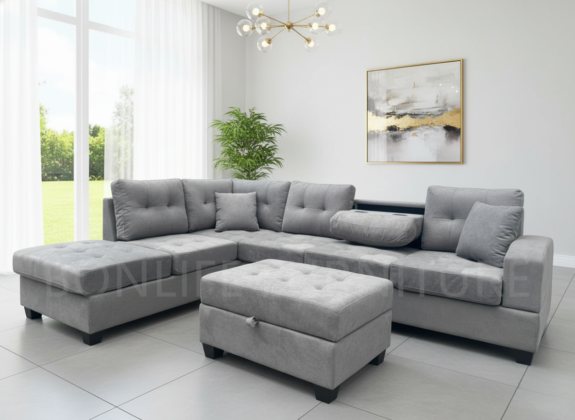 Modern Fabric Reversible Sectional Sofa with Storage Ottoman & Dropdown Tray – G2300