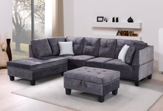 Velvet Reversible Sectional Sofa with Storage Ottoman -1013
