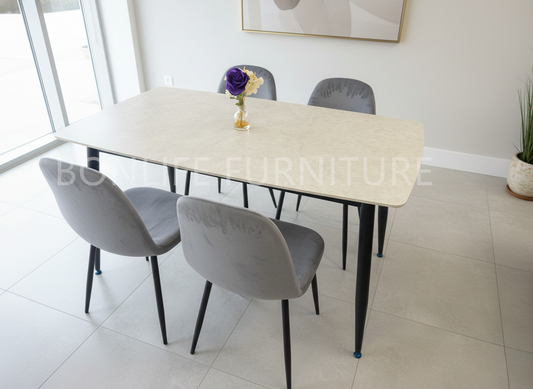 5-Piece Dining Set – 55" Sintered Stone Table with 4 Velvet Chairs-S237