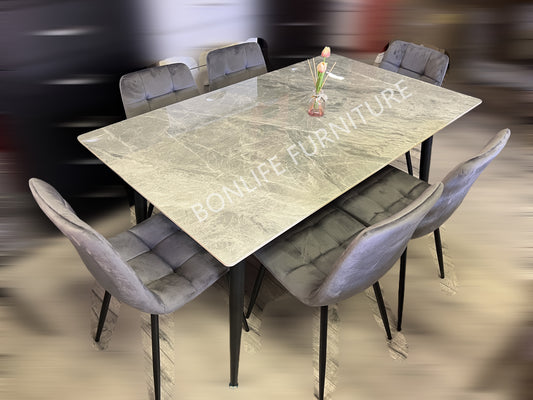 7-Piece Modern Grey Sintered Stone Dining Set with 6 Velvet Chairs-T3529