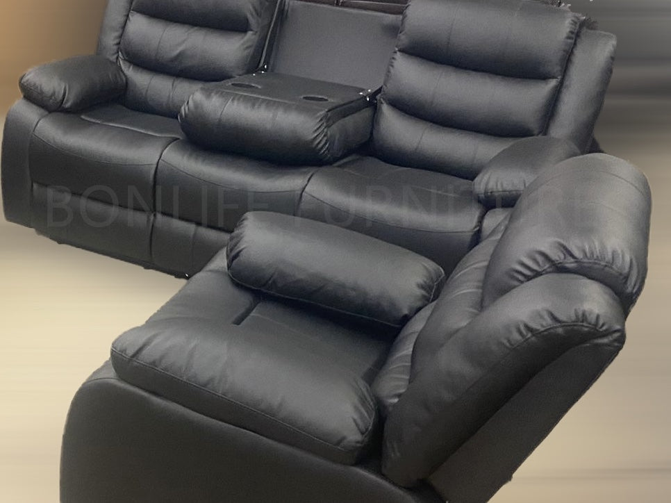 Reclining Sofa Set – Black PU Leather (Manual Recline)-Rivaldo