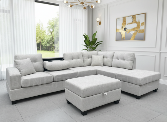 Modern Fabric Reversible Sectional Sofa with Storage Ottoman & Dropdown Tray – G2300