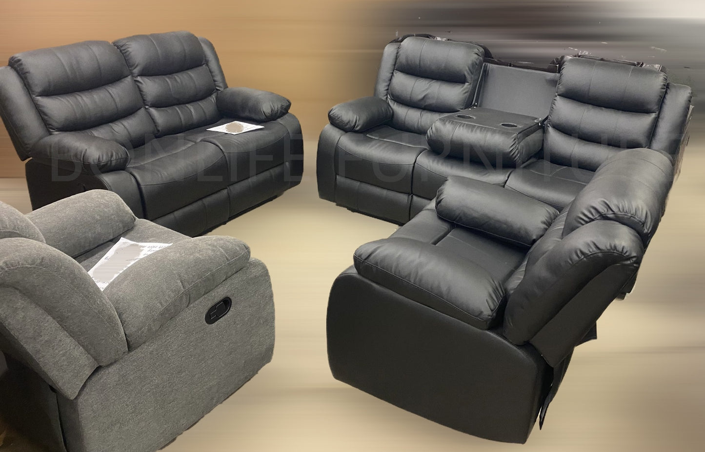 Reclining Sofa Set – Black PU Leather (Manual Recline)-Rivaldo