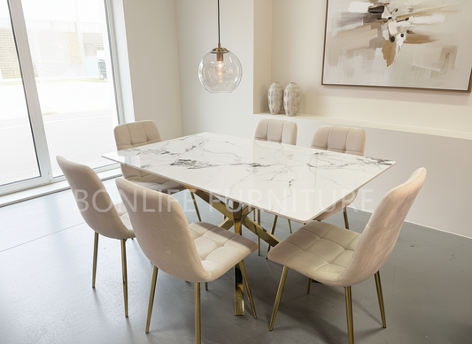 7-Piece White Marble-Look Ceramic Dining Set with Gold Base & Velvet Chairs-BDT18