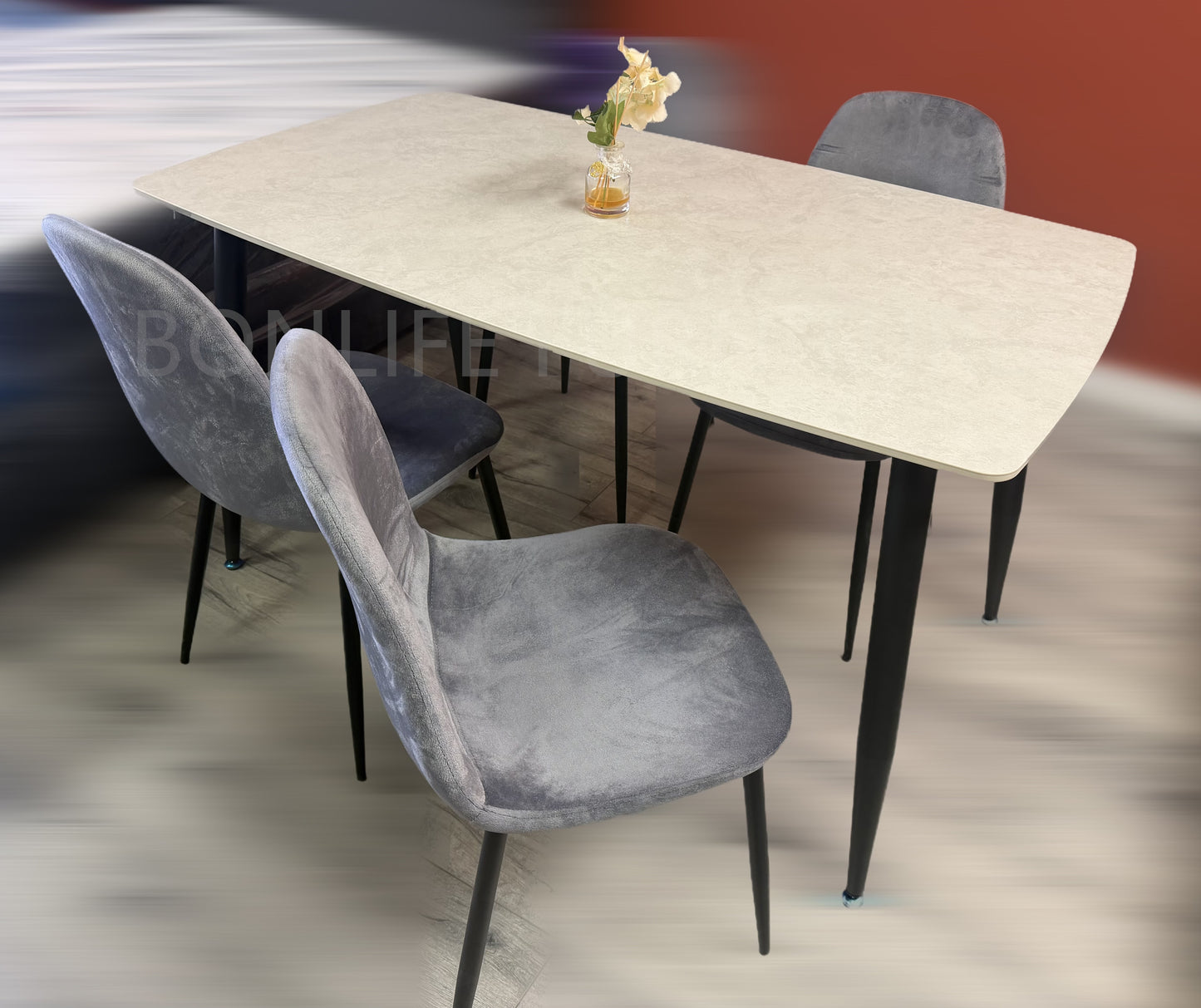 5-Piece Dining Set – 55" Sintered Stone Table with 4 Velvet Chairs-S237