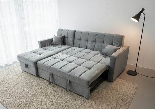 Velvet Grey Convertible Sofa Bed with Storage Chaise-B909