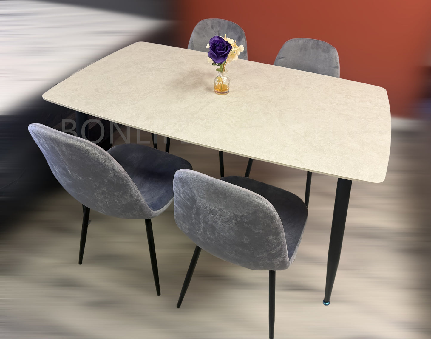 5-Piece Dining Set – 55" Sintered Stone Table with 4 Velvet Chairs-S237