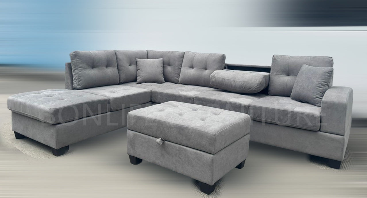 Modern Fabric Reversible Sectional Sofa with Storage Ottoman & Dropdown Tray – G2300