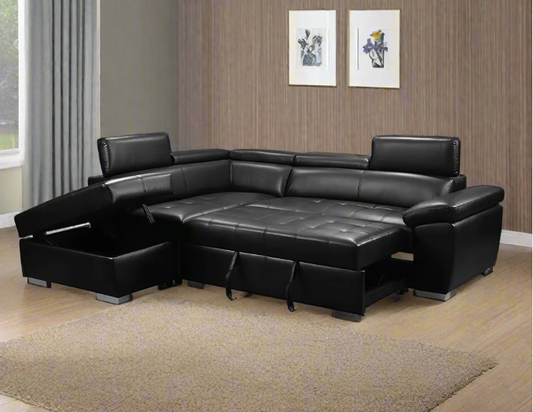 Black Air Leather Sectional Sofa Bed -LAURA