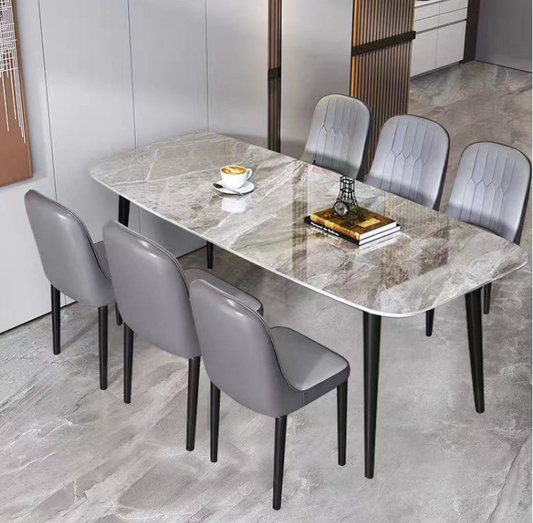 7-Piece Grey Sintered Stone Dining Set with PU Chairs-BDT22